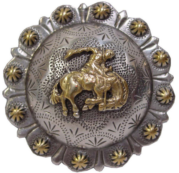 BS9276-3 SRTPGP 1-1/2" Antique Gold Western Bucking Bronco Rider Engraved Berry Concho Screwback