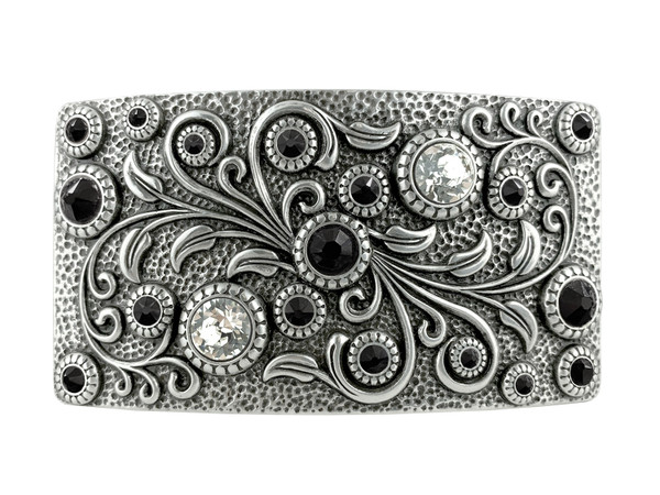 HA0850 Rhinestone Crystal Belt Buckle Antique Rectangle Floral Engraved Buckle - Silver-Crystal Diamond Jet