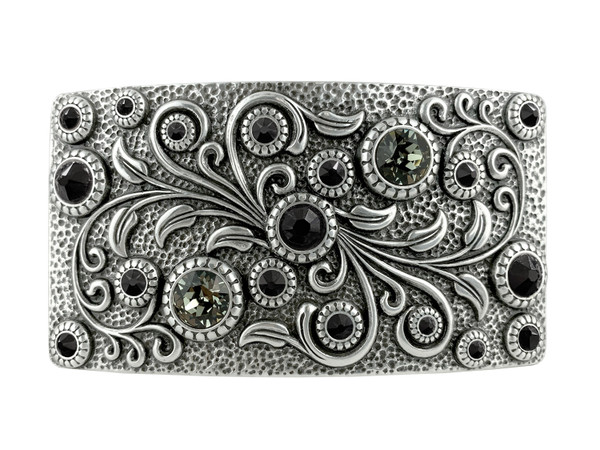 HA0850 Rhinestone Crystal Belt Buckle Antique Rectangle Floral Engraved Buckle - Silver-Black Diamond Jet