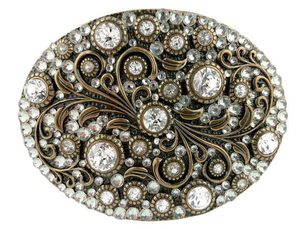 HA0860 Rhinestone Crystal Belt Buckle Brass Oval Floral Engraved Buckle - Brass-Full Crystal