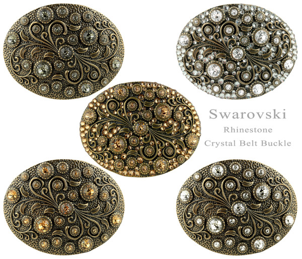 HA0860 Rhinestone Crystal Belt Buckle Brass Oval Floral Engraved Buckle - Brass-Full Crystal