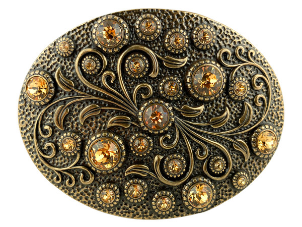 HA0860 Rhinestone Crystal Belt Buckle Brass Oval Floral Engraved Buckle - Brass_Lt Col Topaz