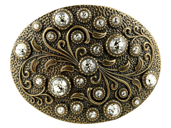 HA0860 Rhinestone Crystal Belt Buckle Brass Oval Floral Engraved Buckle - Brass_Crystal