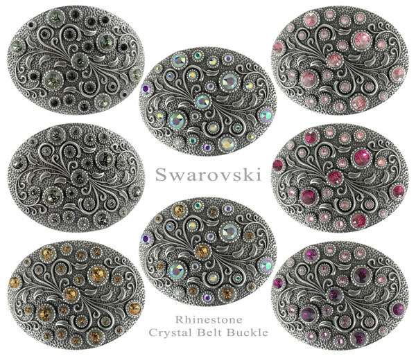 HA0860 Rhinestone Crystal Belt Buckle Brass Oval Floral Engraved Buckle - Brass_Crystal