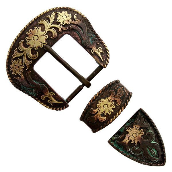 S5521 MOEB61 Western Floral Engraved Rope Edge Hand Polished Belt Buckle Set Fits 1-1/2"(38mm) Belt (Copper)