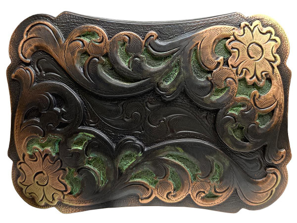 Western Floral Scroll Engraved Belt Buckle Fits 1-1/2"(38mm) Belt Strap (Copper-Patina)
