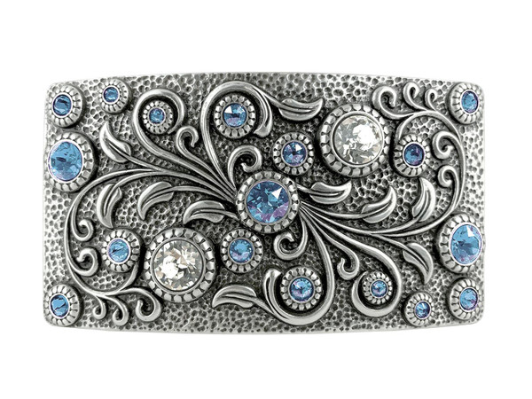 HA0850 LASRP Rhinestone Crystal Belt Buckle Antique Rectangle Floral Engraved Buckle (Crystal-Light Sapphire)