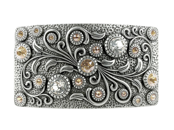 HA0850 LASRP Rhinestone Crystal Belt Buckle Antique Rectangle Floral Engraved Buckle (Crystal-Light Silk)