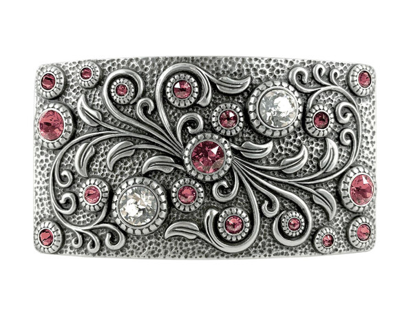 HA0850 LASRP Rhinestone Crystal Belt Buckle Antique Rectangle Floral Engraved Buckle (Crystal-Rose)