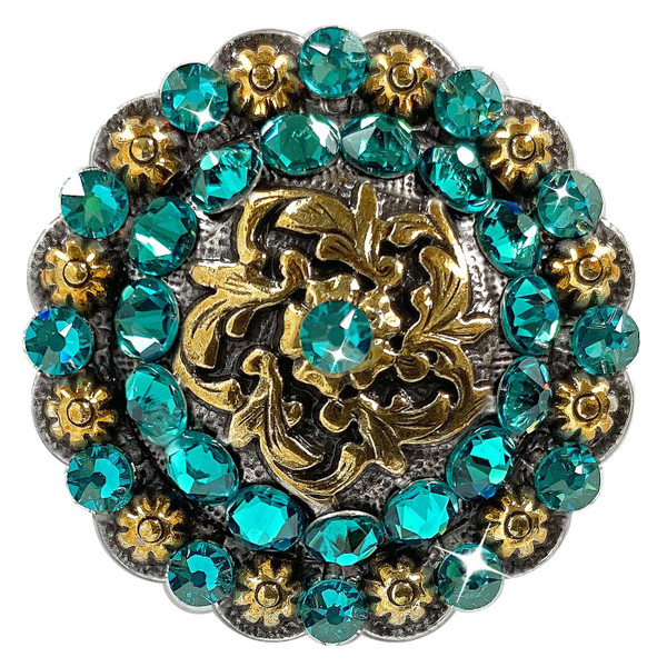 Blue Zircon Coloma Antique Gold Rhinestone Crystal Concho