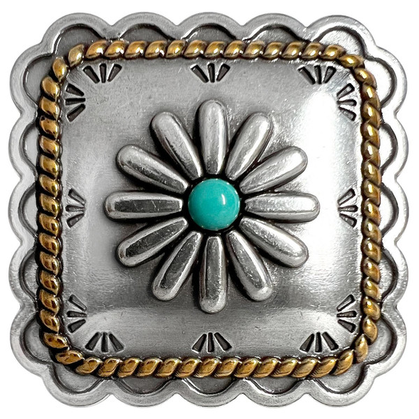 FA6344-4 ASAG-TQ 1¾" Antique Gold with Turquoise Color Western Rope Edge Scalloped Engraved Square Concho Screwback