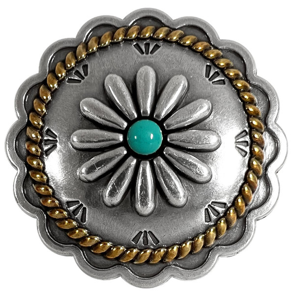 FA6343-3 ASAG-TQ 1-1/2" Antique Gold with Turquoise Color Western Rope Edge Scalloped Engraved Round Concho Screw-Back