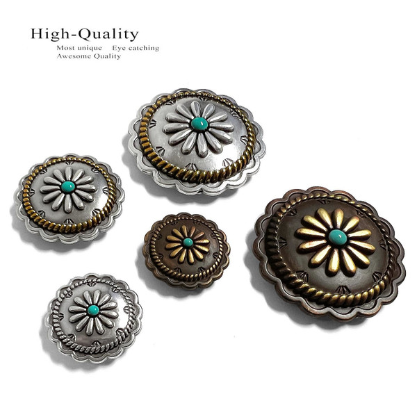 FA6343-2 LASRP-TQ 1-1/4" Antique with Turquoise Color Western Rope Edge Scalloped Engraved  Round Concho Screw-Back