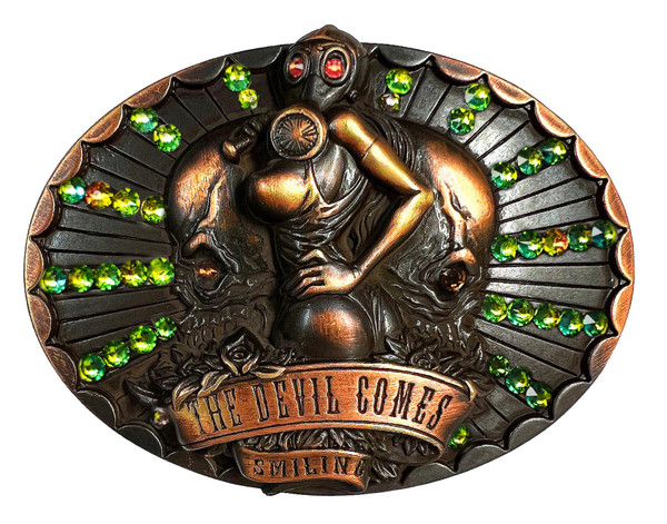 Rhinestone Antique Brass Copper The Devil Comes Smiling Engraved Unique Buckle Fits 1-1/2"(38mm) Belt (Hyacinth-Smoked Topaz-Vitrail Medium)