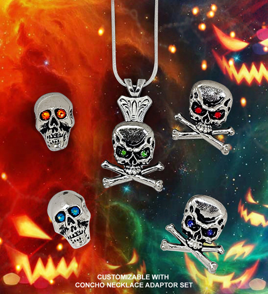 Rhinestone Antique Black Engraved Skull Crossbones Concho Screwback