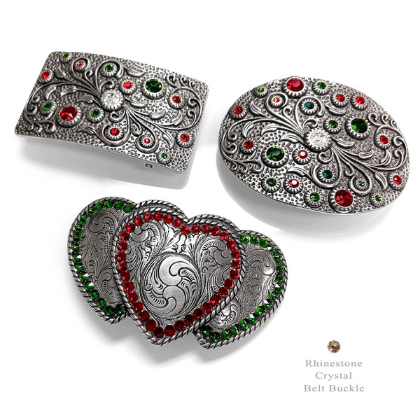 Rhinestone Crystal Belt Buckle Antique Rectangle Floral Engraved Buckle (Crystal-LtSiam-FernGreen-Tangerine)