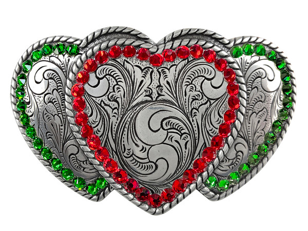 Western Antique Triple Hearts Ladies Cowgirl Rhinestone Crystal Belt Buckle (LtSiam-FernGreen)