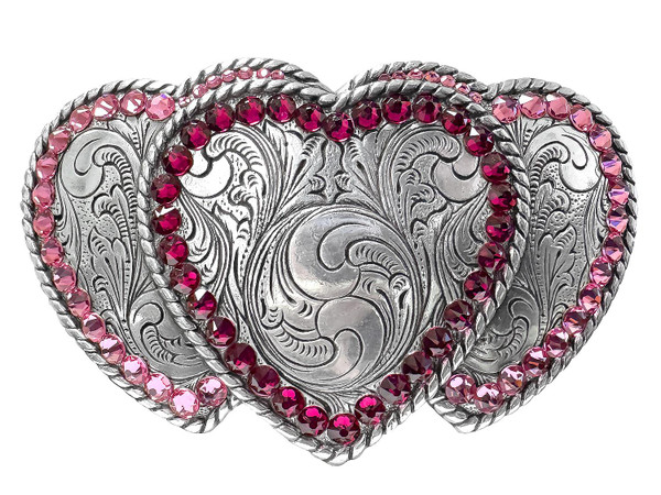 Western Antique Triple Hearts Ladies Cowgirl Rhinestone Crystal Belt Buckle (Ruby-Rose)