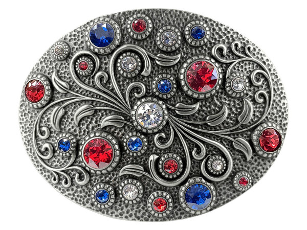 Rhinestone Crystal Oval Belt Buckle Antique Silver Floral Engraved Buckle (Crystal-Capri Blue-Lt Siam)