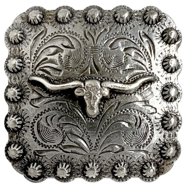 BS9285 SRTP Antique Silver Western Engraved Longhorn Steer Berry Square Concho Screwback