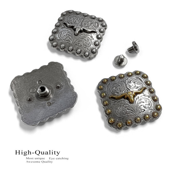 BS9285 SRTP Antique Silver Western Engraved Longhorn Steer Berry Square Concho Screwback