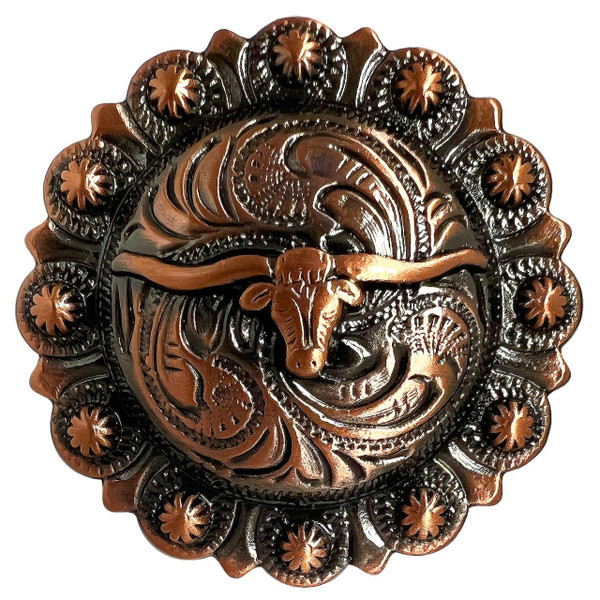 BS9265 COPPER Western Floral Longhorn Steer Engraved Berry Concho Screwback