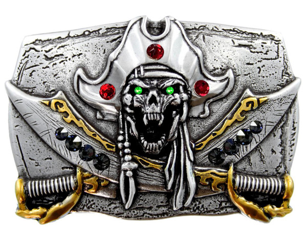 Rhinestone Unique Buckle Antique Pirate Skull Engraved Punk Belt Buckle (Lt Siam - Vitrail Medium - Graphite)
