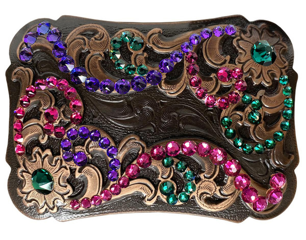 Rhinestone Western Floral Scroll Engraved Copper Belt Buckle Fits 1-1/2"(38mm) Belt Strap (Emerald - Fuchsia - Heliotrope)