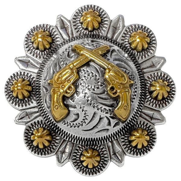 FA6547 ASAG Antique Gold Western Engraved Crossed Pistols Berry Concho Screwback