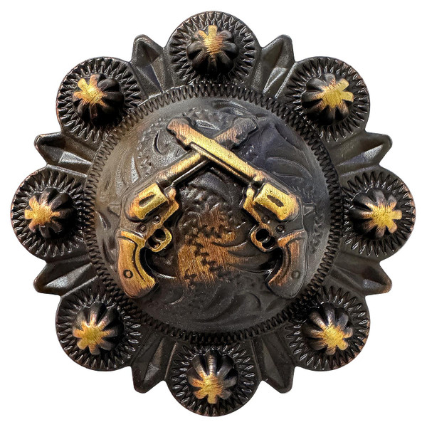 FA6547 MOEB61 Antique Copper Western Engraved Crossed Pistols Berry Concho Screwback