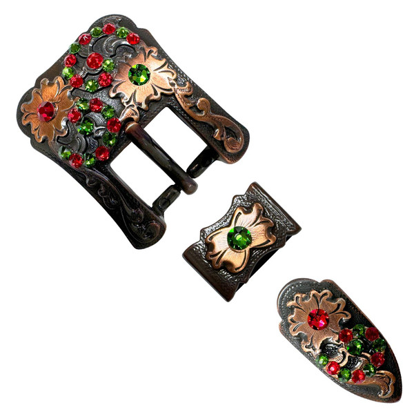 Rhinestone Antique Copper Western Floral Engraved Hand Polished Belt Buckle Set Fits 3/4"(19mm) Belt (FernGreen-LtSiam)