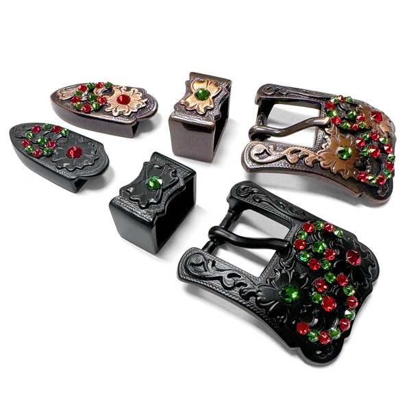 Rhinestone Antique Copper Western Floral Engraved Hand Polished Belt Buckle Set Fits 3/4"(19mm) Belt (FernGreen-LtSiam)