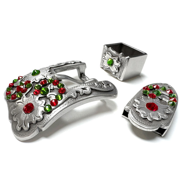 Rhinestone Antique Silver Western Floral Engraved Hand Polished Belt Buckle Set Fits 3/4"(19mm) Belt (FernGreen-LtSiam)