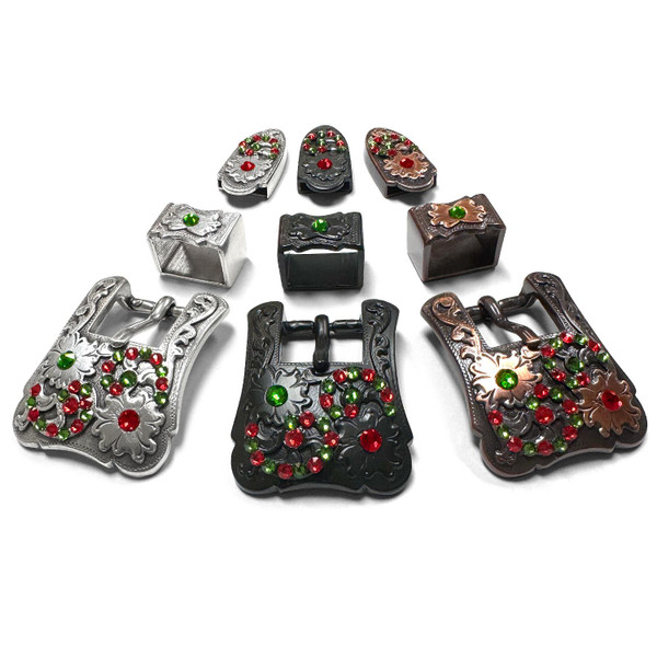 Rhinestone Antique Silver Western Floral Engraved Hand Polished Belt Buckle Set Fits 3/4"(19mm) Belt (FernGreen-LtSiam)