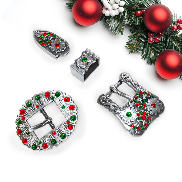 Rhinestone Antique Silver Western Floral Engraved Hand Polished Belt Buckle Set Fits 3/4"(19mm) Belt (FernGreen-LtSiam)