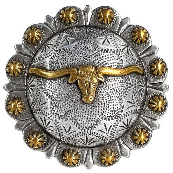 BS9275 SRTPGP Antique Gold Western Floral Longhorn Steer Engraved Berry Concho Screwback