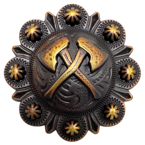 FA6649 MOEB61 Antique Copper Western Engraved Crossed Axe Berry Concho Screwback