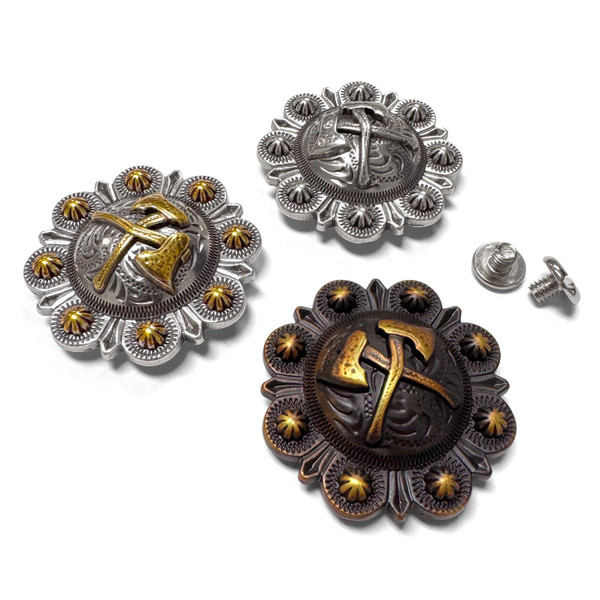 FA6649 MOEB61 Antique Copper Western Engraved Crossed Axe Berry Concho Screwback