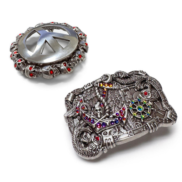 Rhinestone Unique Buckle Antique Peace Sign Skull Engraved Belt Buckle