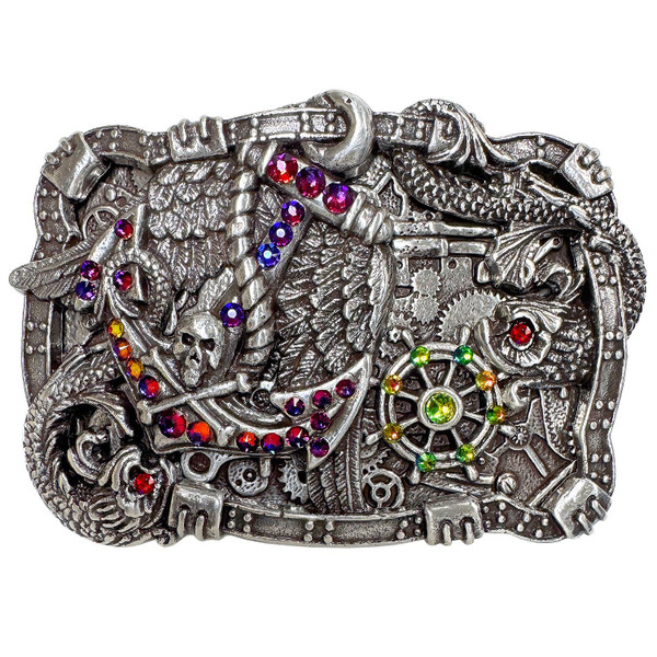 Rhinestone Antique Silver Boat Anchor Rudder Skull Punk Engraved Belt Buckle (Lt Siam - Vitrail Medium - Volcano)