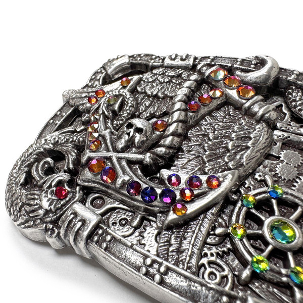 Rhinestone Antique Silver Boat Anchor Rudder Skull Punk Engraved Belt Buckle (Lt Siam - Vitrail Medium - Volcano)