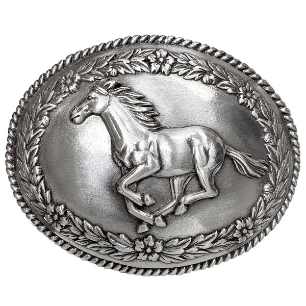 HA0487-1 Western Antique Silver Horse Engraved Rope Edged Belt Buckle