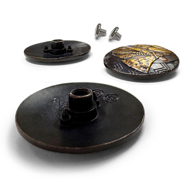 FA6651 MOEB61 1-¼" Antique Brass Finish Indian Tomahawk Motif with Crescent Moon Engraved Concho Screwback