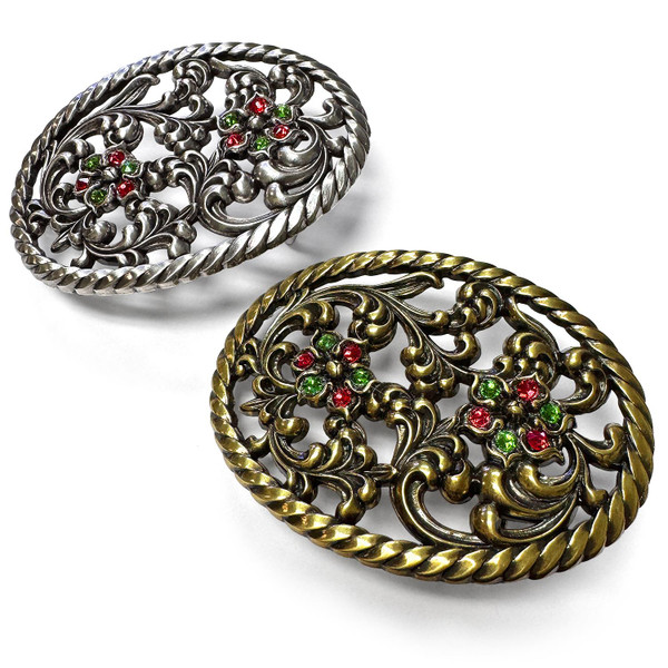 Antique Silver Flower Engraved Rhinestone Buckle Fits 1-1/2"(38mm) Belt (Scarlet - Fern Green)