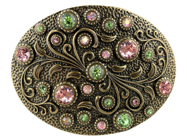 Rhinestone Crystal Antique Brass Oval Floral Engraved Buckle Fits 1-1/2"(38mm) Belt (Peridot - Light Rose - Light Rose AB)