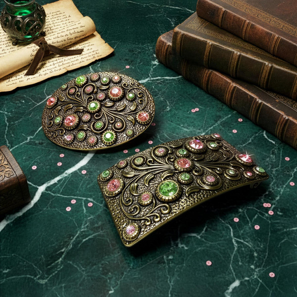 Rhinestone Crystal Antique Brass Oval Floral Engraved Buckle Fits 1-1/2"(38mm) Belt (Peridot - Light Rose - Light Rose AB)