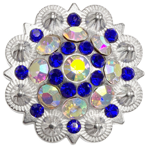 Rhinestone Conchos 1-1/2" Scalloped Edge Engraved Concho Screwback (Cobalt Blue-Crystal AB)