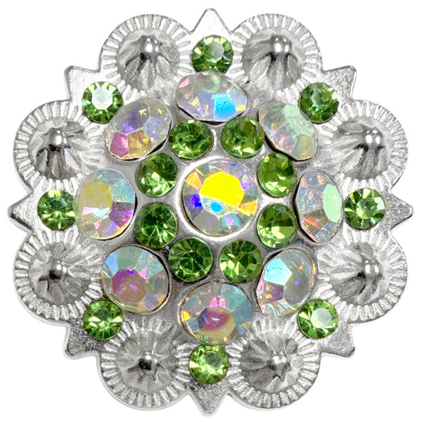 Rhinestone Conchos 1-1/2" Scalloped Edge Engraved Concho Screwback (Peridot-Crystal AB)