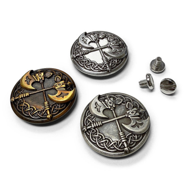 FA6729-1 LASRP 1-1/4" Antique Silver Celtic Warrior Double Axes Concho Screwback