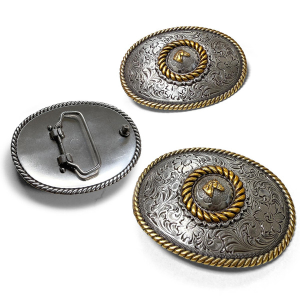 Western Antique Gold Horse Head Double-Rope Floral Engraved Belt Buckle